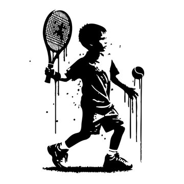 Tennis Kids player Silhouette Grunge Splatter and Dripping Spray Effects