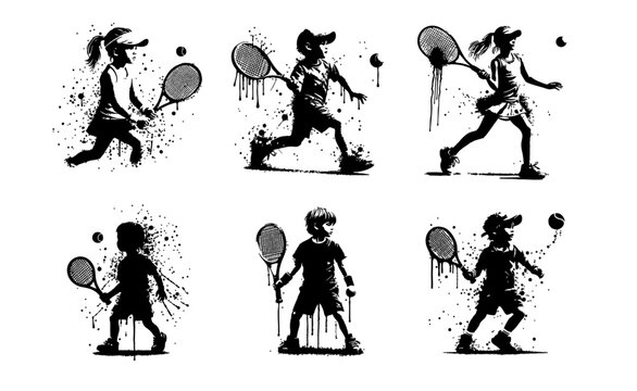 Tennis Kids player Silhouette Grunge Splatter and Dripping Spray Effects