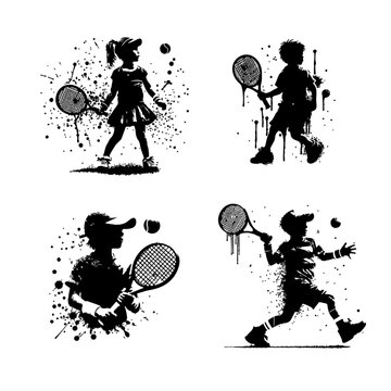 Tennis Kids player Silhouette Grunge Splatter and Dripping Spray Effects