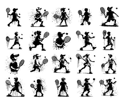 Tennis Kids player Silhouette Grunge Splatter and Dripping Spray Effects