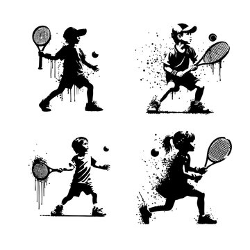 Tennis Kids player Silhouette Grunge Splatter and Dripping Spray Effects