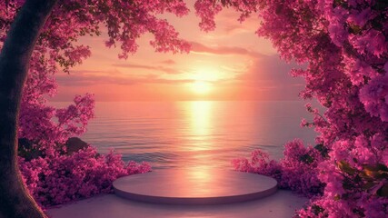 Poster - A serene scene of a sunset over calm water, surrounded by blooming pink flowers