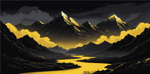 Mountain landscape at dawn with a panoramic view of the sunlit peaks and cloudy sky