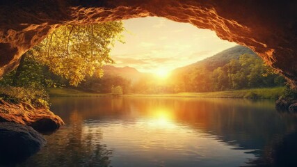 Poster - A stunning view of a lake from the interior of a cave