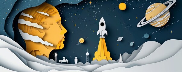Wall Mural - paper cut craft illustration of space exploration and human head silhouette with planets and rockets