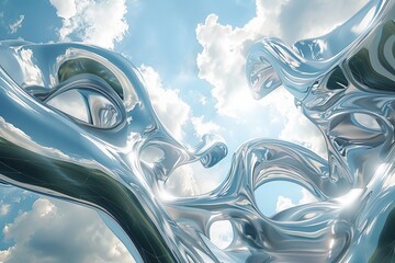 Poster - Sleek shiny chrome sculptures resembling clouds with bright blue sky background