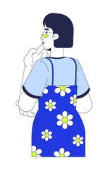 Poster - Thoughtful asian woman in floral dress rubbing chin 2D cartoon character. Chinese girl with bob hair and slip dress over tee pondering flat vector person isolated on white. Spot illustration colorful