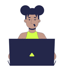 Poster - Surprised black woman working on laptop 2D cartoon character. African american girl with space buns expressing shock while typing flat vector person isolated on white. Spot illustration colorful