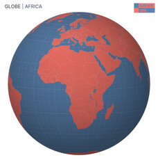 Poster - Vector globe centered on Africa. Slate blue and coral palette. World map with meridians, parallels, countries, rivers, and lakes. Artistic vector illustration.