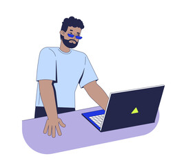 Aufkleber - African american man standing and working on laptop 2D cartoon character. Bearded freelancer black guy in sunglasses leaning over desk flat vector person isolated on white. Spot illustration colorful