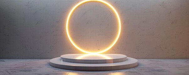 Poster - Minimalist white circular podium with glowing backlight on white background