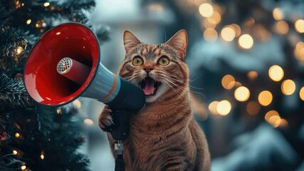 Poster - A curious cat stands in front of a decorated Christmas tree, holding a megaphone