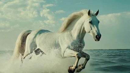 Poster - A majestic white horse gallops through calm waters, creating a splash and mist