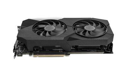 Aufkleber - High-performance black dual-fan graphics card isolated on a white background, designed for gaming and professional desktop computers.