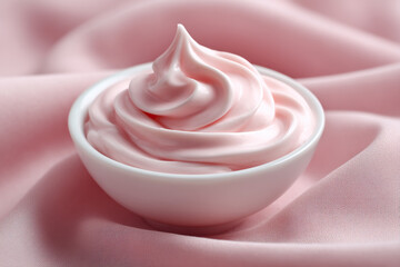 Poster - Delicate pink dessert in a white bowl on pink fabric. Creamy, smooth, and tempting. A sweet treat for any occasion.