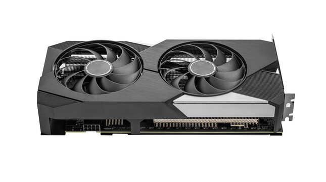 High-performance black dual-fan graphics card isolated on a white background, designed for gaming and professional desktop computers.