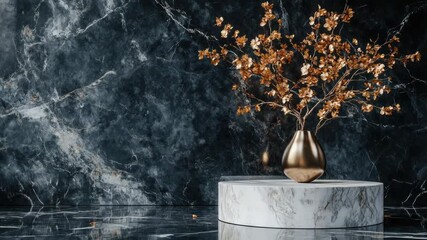 Poster - A plant sits on a white marble table, surrounded by calmness