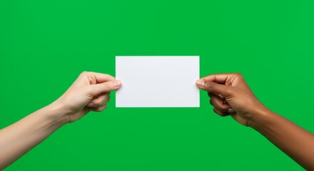 Wall Mural - Two Hands Holding Blank White Card Against Green Background