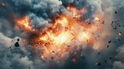Poster - A massive fireball illuminates the darkening sky, surrounded by thick smoke and debris