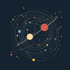 Poster - Abstract vector illustration of colorful planetary orbits and stars in outer space with multiple planets and cosmic elements on dark background design
