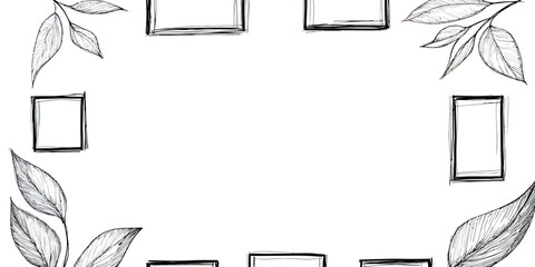 Poster - Hand drawn sketch leaves and frame border vector with minimalist pencil doodle style decorative elements for creative design projects and nature themes