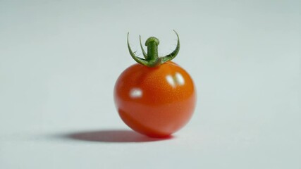 Poster - Fresh red tomato with green stem on a white background, suitable for food or still life photography