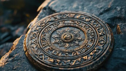 Poster - A detailed view of a stone featuring a decorative medallion, suitable for use in historical or fantasy contexts