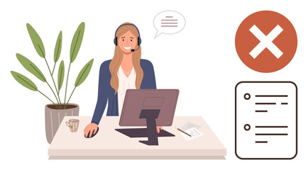 Poster - Woman wearing headset at computer desk with rejection sign, checklist, coffee, and potted plant. Ideal for customer support, rejection, workflow, service issues, communication helpline workplace