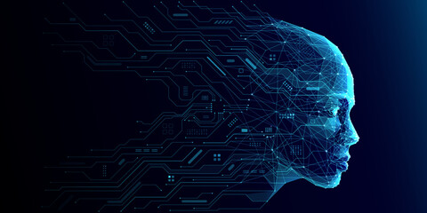 Aufkleber - AI Humanoid Face Concept. Technology Digital Robot Head Side View with Circuit Board Components. Tech Blue Background. Artificial Intelligence Agent or Assistant Concept. Vector Digital Illustration.