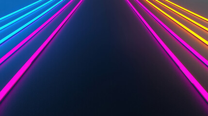 Poster - Futuristic neon lights glowing in vibrant colors, creating a dynamic pathway with blue, pink, and orange beams on a dark background