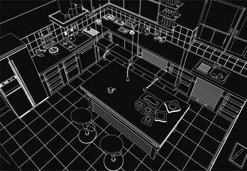 Poster - A black and white contour drawing of a kitchen featuring a wooden table with chairs, a sink and tap, wall-mounted cupboards, and assorted objects on the counter.