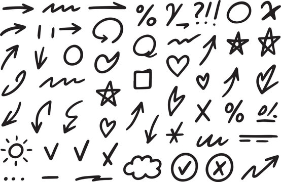 Vector swoosh doodles, hand drawn, arrows, speech bubble, heart, check mark, cross mark, square, circle, exclamation mark, star, curly, bracket, hashtag, geometric shapes, sketch. Black eps file.