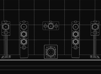 Fototapete - A row of white contour speakers arranged symmetrically on a black background, each with distinct shapes and sizes. The stark contrast highlights the clean line drawing, ideal for recording or room.