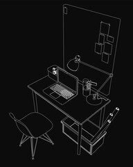 Poster - A sleek laptop sits on a wooden desk under a modern lamp, accompanied by a cup of pens and scattered papers. A chair is positioned in front, with a board visible in the monochrome background