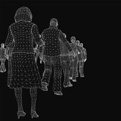 Fototapete - A group of people walking in a line, rendered as a detailed 3D wireframe model on a black background. The crowd moves uniformly, with each figure showing realistic posture and motion.