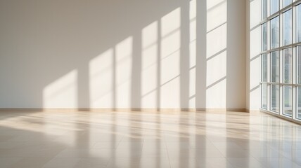 Poster - wall streams through window, casting shadows Sunlight on and parquet floor in empty room, creating peaceful atmosphere