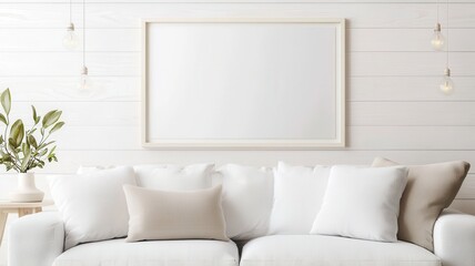 Poster - Black picture frame hanging on highlighting wooden wall, complemented by white vases and pampas grass, minimalist contemporary interior styling