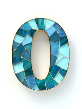 3D rendering of the number zero designed with blue mosaic tiles and gold outlines, mimicking a stained glass window effect.
