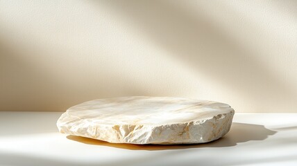 Aufkleber - Minimalistic product display on a round stone podium with dry grass and shadow on a beige wall, creating a natural and elegant scene