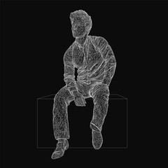 Poster - Wireframe man sits atop a box, composed of intricate lines and geometric shapes against a black background. The abstract human figure features a detailed skeletal structure with interconnected.