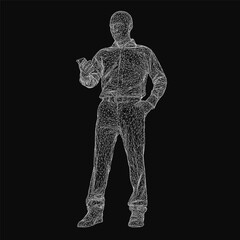 Poster - A wireframe man stands confidently with hands on hips, holding a cell phone in one hand. The dark background enhances the mysterious and futuristic vibe of the 3D human silhouette.