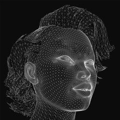 Poster - 3D wireframe of a woman's head with intricate lines and geometric shapes forming realistic facial features. The digital mesh structure highlights contours, eyes, and lips against a dark background.