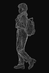Poster - A wireframe figure of a man walking with a backpack, rendered in glowing blue lines against a dark background. The human13 model features a detailed skeletal structure and dynamic pose, ideal for.