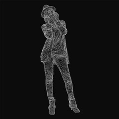 Poster - a wireframe woman in a suit and hat stands against a black background, composed of intricate lines a