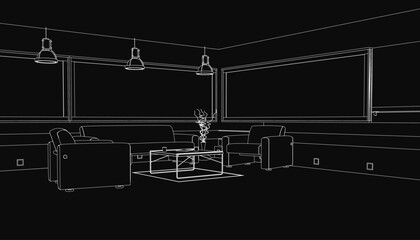 Poster - A black and white outline drawing of a cozy living room features two sofas facing each other with a central table, illuminated by hanging ceiling lights.