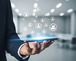 Human Resources HR management concept. Close up a hand of Businessman hold virtual people analysis icons for recruitment process to work efficiently and achieve sustainable business success. team bu