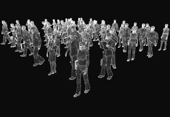 Poster - A large group of animated people standing in a line on a black background, creating a dynamic sense of movement. The figures are stylized with smooth motion effects, emphasizing unity and flow.
