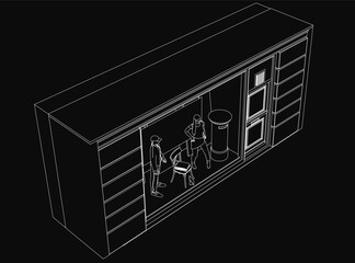 Poster - A minimalist black and white vector illustration of a clothing store window display with two mannequins, a chair, and a trash bin in the foreground. The clean line art features a dark background for.
