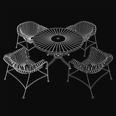 Poster - A round black and white table with a glossy finish is surrounded by four modern chairs featuring curved backrests and armrests. The solid black background creates a striking contrast