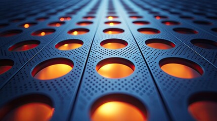 Poster - Abstract design of a perforated metal surface with glowing circular openings.